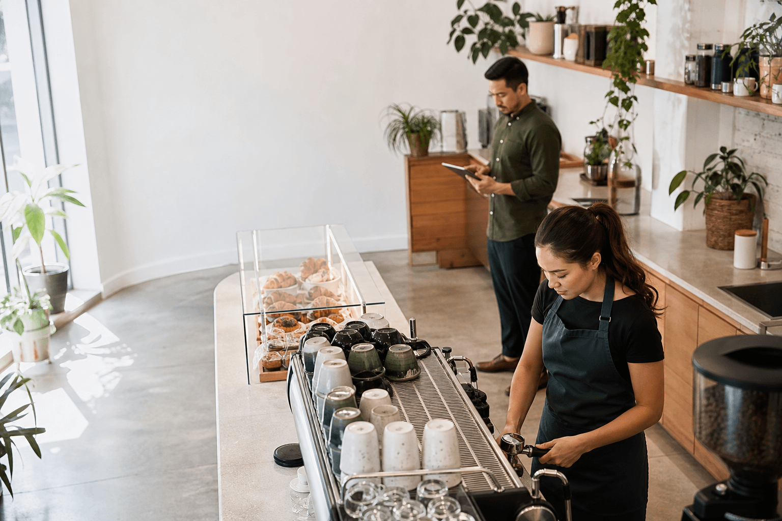 Barista preparing coffee while a manager checks operations on a tablet